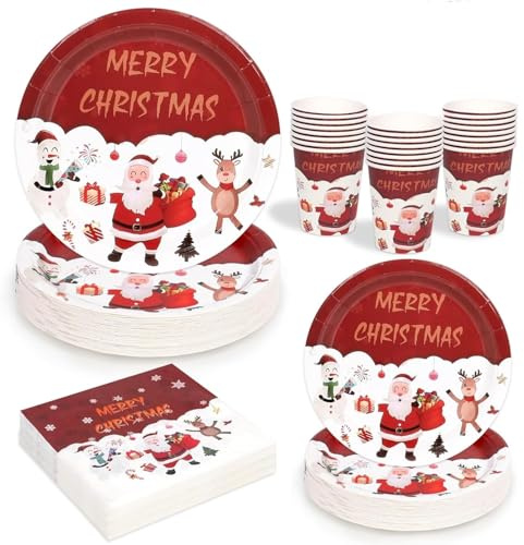 LATERN 100 Stück Weihnachtsparty Papiergeschirr Set, 25 x 9 Zoll Essteller, 25 x 7 Zoll Salatteller, 25 x 270ml Becher, 25 x 16cm Servietten – für 25 Gäste Weihnachten Feiertage Partys Dekoration