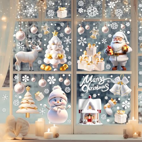 AivaToba 9 Stück Fensterbilder Weihnachten Selbstklebend, Schneemann Weihnachtsmann Schneeflocken Goldene Warme Geschenke Weihnachtsdeko Fenster Wiederverwendbar PVC Static Fensterfolie