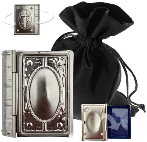 Lunexus Schmucketui Buchform Metall - Silber, Groß (M) 6,6 × 4,5 × 1,5 cm | Buchform Etui mit blauem Innenfach, ca. 36 g - für Taufe, Kommunion, Firmung, Reise, Gebetsecke - schützt & ordnet