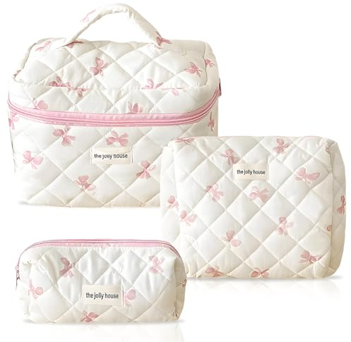 Kosmetiktasche 3pcs Set Damen mit Rosa Schleife, Praktische Großkapazität Make Up Tasche, Tragbare Schminktasche Waschtasche, Ideal für Alltag, Reisen Damen Mädchen