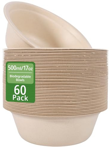 SanRes 60 Stück Einwegpapierschalen, Umweltfreundliche Einwegschalen, Einweg Suppenschalen,Biologisch Abbaubar und Kompostierbar, Perfekt für Party und Picknicks, Bagasse-Zellstoff
