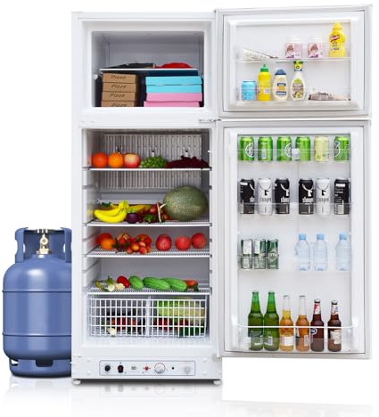 SMETA Gas Kühlschrank 380L, Kühlschrank Gas mit Gefrierfach, Gas/230V, Kühl-Gefrierkombination, für Ferienhaus Garage Wohnwagen Wohnmobil Wohnzimmer, Weiß, Wendetür