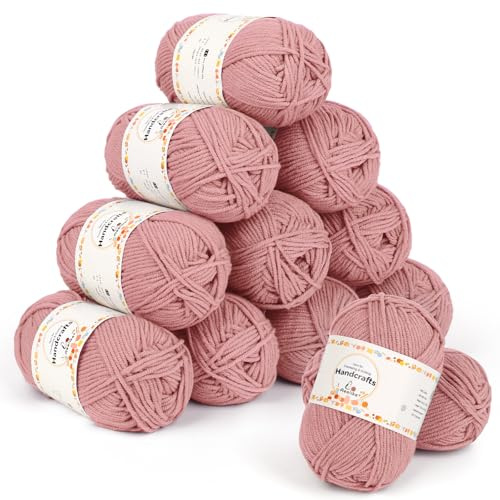 Aeelike 600g(12x50g) Polyacryl Wolle Cotton, 5Ply Baumwolle zum Häkeln, Langlebige Häkelwolle Strickwolle, Bunte Häkelgarn Wool Yarn, Fleischrosa