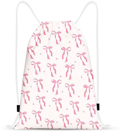 Pink Bow Drawstring Bags, Waterproof Swim PE Bag for Girls Women, Cute Preppy Sports String Backpack, Large Capacity Draw String Bag Gym for School Swimming Travel Climbing Hiking Picnic Fitness