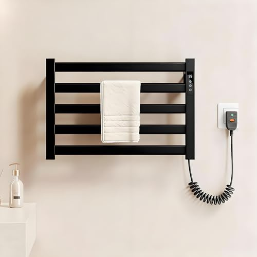 QJHSSM Scaldasalviette Elettrico Bagno, 538x365mm, Montaggio a Parete, Radiatore da Bagno, IPX4, Termoarredo Asciugamani da Bagno con Timer e Display LED, Temperatura Regolabili-Black