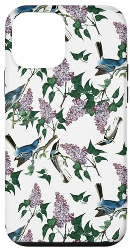 Custodia per iPhone 12 mini Motivo floreale lilla primaverile e uccelli pigliamosche blu