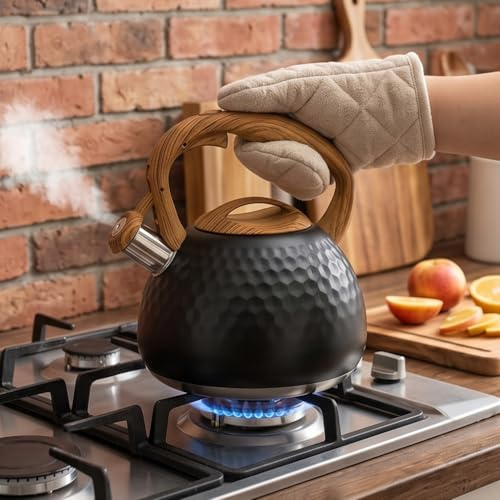 Liwankaqi Whistling Kettle,3 L Stove Top Kettle with a Clear Whistle and Wood Grain Handle,Stainless Steel Teapot for Induction, Electric, Gas, and Natural Gas Stovetops(White) (Black)