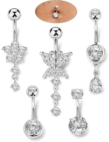 YUZHEDM Piercing para el ombligo, 5 unidades, 10 mm, acero quirúrgico, plata