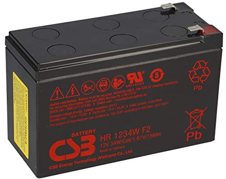 Batteria al piombo CSB HR 1234 W F2 12 V 8,4 Ah 34 W 1,67 V/15 min ad alta corrente piombo AGM, compatibile MP1236H, NPW45-12, HR1234WF2, UP-RW1245P1, WP1236W