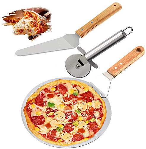 Anjing Pizza Cutter Pizza Peel Pizza Shovel Pizza Server 3 in 1 Pizza Paddle with Wooden Handle 430 Stainless Steel