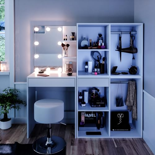 Vicco Schminktisch Isabelle, Weiß, 140 cm | mit LED, Hocker und Schränken, Platzsparend und funktional zugleich
