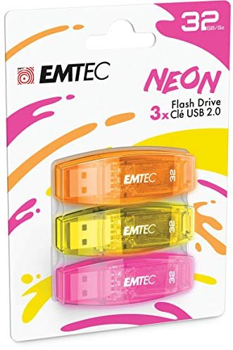 EMTEC Clé USB 2.0 C410 , Mémoire Flash Drive De 32Gb, Lecture 5Mb/S, Écriture 15Mb/S, Compatible USB 2.0, USB 3.0, Transparentes Néon Fluo Avec Capuchon , Pack De 3