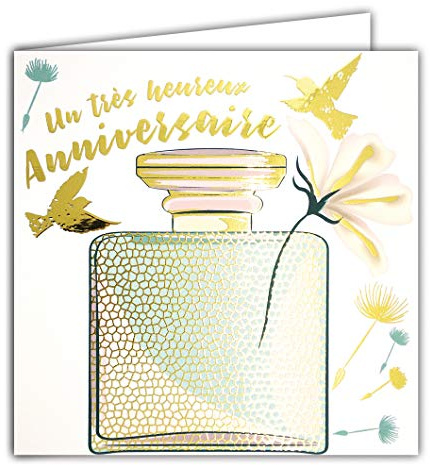 Afie 22068 Glückwunschkarte zum Geburtstag in Gold glänzend – Quadratische Karte 145 x 145 mm mit Umschlag – hergestellt in Frankreich – Flasche, Parfum, Blumen, Samen, Vögel, Freiheit, Damen, Mädchen