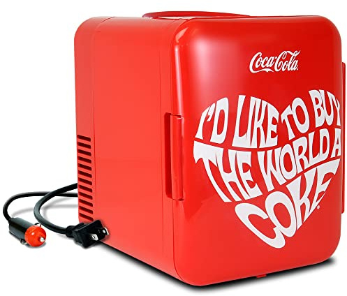 Coca Cola World 1971 Series Portable 6 Can Thermoelectric Mini Fridge Cooler/Warmer, 4 L/4.2 Quarts Capacity, 12V DC/240V AC for Home, Dorm, car, Boat, Beverages, Snacks, Skincare, Cosmetics