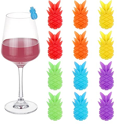 NBEADS 12 Pcs Silicone Pineapple Charms, Pineapple Model Glass Marker Silicone Drink Wine Beer Glass Markers Charms Tags for Wedding Birthday Halloween Party Table Decoration, 6 Colors