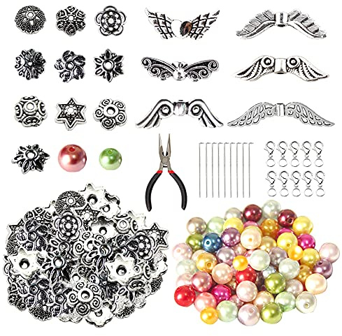 Dzsomt Engel Basteln Perlen Set 352 Stück Perlenengel Basteln Zubehör Spacer Perlenkappen Spacer Perlenkappen Engelsflügel Anhänger für Handmade DIY Engel Anhänger Selber Machen