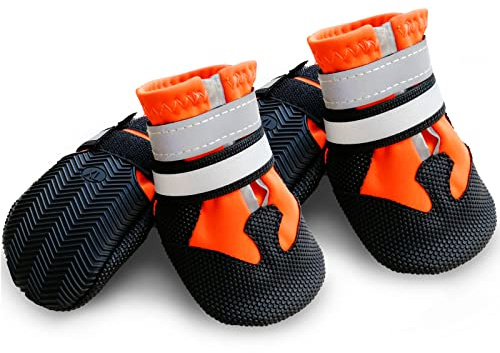 NeuWook Hundeschuhe, 4er-Set wasserdichte Hundeschuhe Anti-rutsch Hundestiefe mit reflektierendem Riemen, Breathable Hundestiefel Pfotenschutz für Kleine Mittelgroße Hunde (M, Orange)