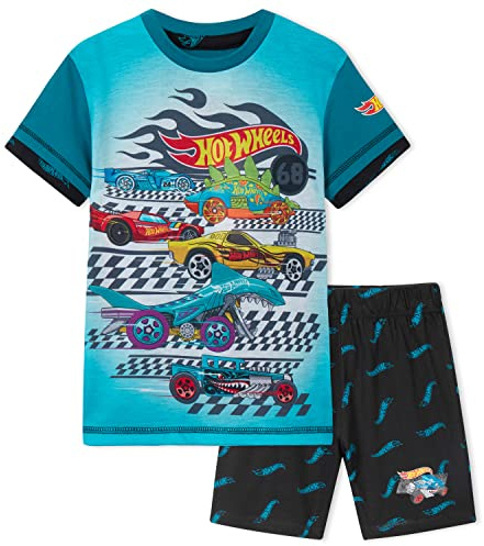 Hot Wheels Pijama Niño Pijamas de Manga Corta Ropa para Niño con Camiseta y Pantalón Corto Ropa de Estar en Casa Regalo Niños (6-7 Años, Azul)
