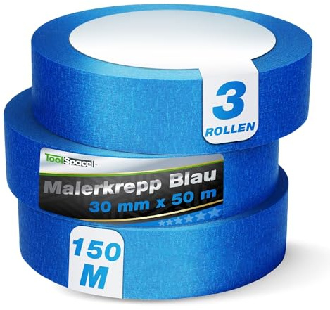 ToolSpace Blått papper skyddsband för målning av väggar och tak renoveringsarbeten lim inga lösningsmedel inget läckage 30 mm/50 m set med 3 stycken 150 m