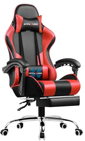 GTPLAYER Chaise Gaming Ergonomique, Fauteuil Gamer, Chaise Bureau, Dossier réglable à 135°, Hauteur Réglable, Repose-Pieds rétractables, Simili Cuir, Supporte 150 kg, Rouge