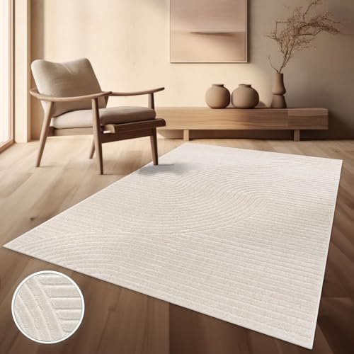 TT Home In-& Outdoorteppich Wetterfest Balkon Schlafzimmer Boho Skandi Motiv Unifarben Geometrische Optik Moderner Style, Farbe:Creme 2, Größe:160x230 cm