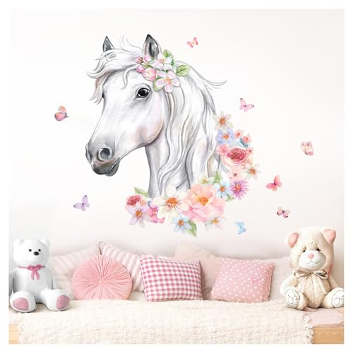 DEKO KINDERZIMMER Wandsticker Pferdekopf mit Blumen Wandtattoo Schmetterlinge Mädchen Babyzimmer Wandaufkleber Tiere Wanddeko DK1046-4