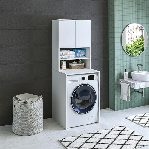 ROOMART, Bagno, sovrastruttura per lavatrice, torre lavanderia, scaffale per lavatrice, 65 x 181 x 60 cm (bianco)