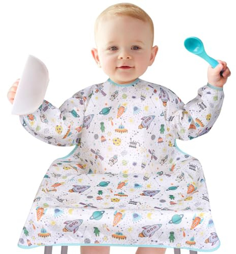 Vicloon Baby Matning Haklappar, Långärmad Baby Bib Vattentät TPU Haklapp Fäst på din Barnstol Barnstolar för Mess-6 månader till 3 år