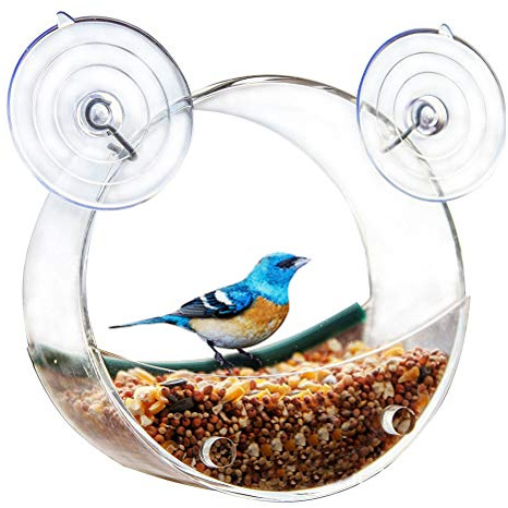 KENANLAN Fenster Futterhaus Wildvögel, Acryl Vogelhäuschen, Hängende Fenster Vogelhäuschen mit 3 Starken Saugnäpfen, Gartenhoffenster(Runde)