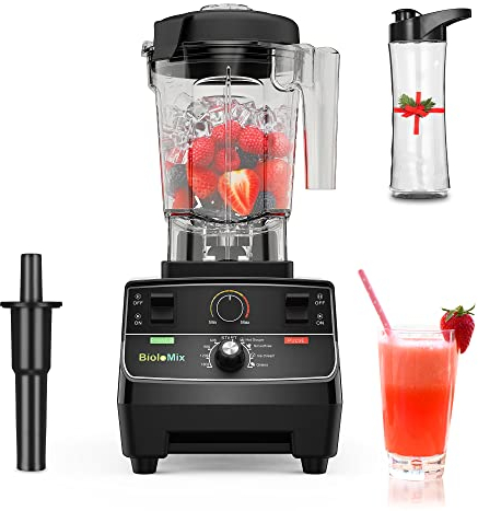 BioloMix Batidora de alto rendimiento de 2200 W, función de autolimpieza, recipiente de 2 L y vaso de viaje de 600 ml, sin BPA