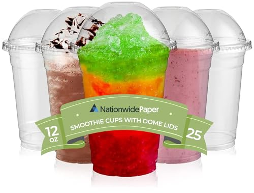 Nationwide Paper Strong Smoothie Cups with Dome Lids 12oz 25pcs for Smoothies, Milkshakes & Thick Drinks Recyclable and Reusable(345ml)