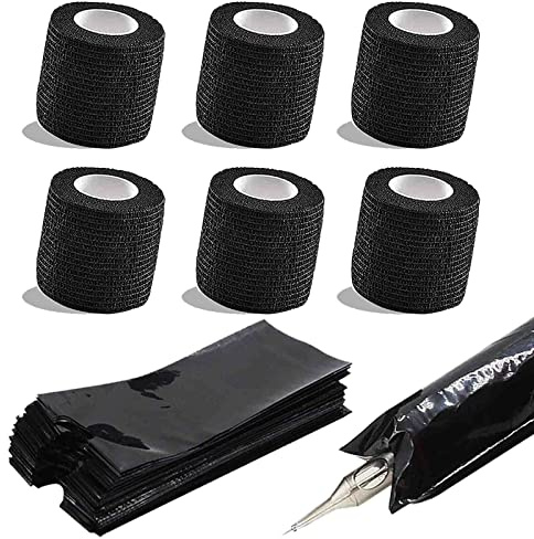 Tattoo Grip Tape Tattoo Stift Taschen 206pcs Set, Unihuby 6pcs Tattoo Griff Abdeckung und 200pcs Einweg Tattoo Bags Tattoo Cover Wrap Tattoo Zubehör