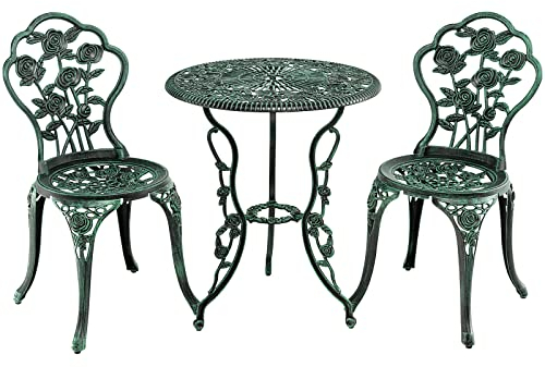 KOMFOTTEU 3 teiliges Gartenmöbel Set, Gartentisch mit 2 Gartenstühle, wetterfestes Bistroset aus Aluminium, Sitzgarnitur mit Rosenmuster für Balkon Garten Terrasse (Bronzegrün)