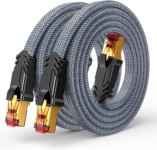 SNOWKIDS Cat8 LAN Kabel 40Gbps Nylon Flach Netzwerkkabel-0.25M Grau 2 Stück | Robust Nylon-Kabel, 2000MHz Hohe Geschwindigkeit Patchkabel, S/FTP, RJ45 Stecker Ethernet Kabel für Router/Modem/TV/Switch
