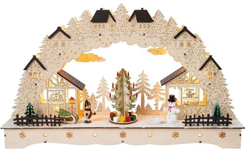 HGD LED Lichterbogen mit drehendem Weihnachtsbaum - Maße: 43 × 26 × 8 cm - Holz Schwibbogen mit LED-Beleuchtung - Batteriebetrieb oder Netzteil - Weihnachtsdeko - Fensterdekoration - Advent