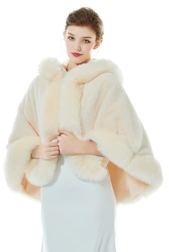 BEAUTELICATE Donna Mantello Corto con Cappuccio in Pelliccia Sintetica Stola in Pelliccia Caldo Cappotto per Matrimonio Invernale Sposa
