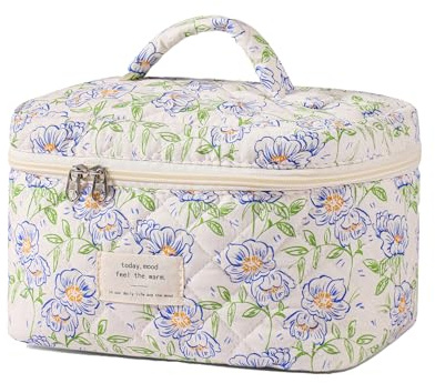 uekeboag Große Reise-Make-up-Tasche für Damen, gesteppt, Blumenmuster, Baumwolle, Kosmetiktasche mit Blumenmuster