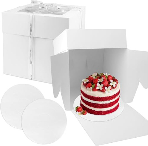 TOTSUN 2Pcs Tall Cake Box, 30x30x30cm Cake Box White with Lids Birthday Cake Boxes with 2 Cake Boards and 2 Ribbons(Transparent Lid)