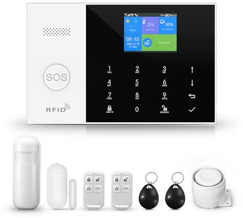 PGST Home Security System, 8 Piece WiFi GSM 2G Home Security Alarm System with Remote Control Door Window Alarm Sensor IR Motion Detector Compatible with Alexa