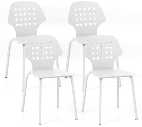 RELAX4LIFE Esszimmerstühle 4er Set, Küchenstuhl Stapelbar, Stapelstuhl mit Metallbeinen & Ausgehöhlter Rückenlehne, bis 150 kg belastbar, Wohnzimmerstuhl für Esszimmer Wohnzimmer(Weiß)