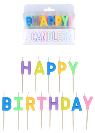 Henbrandt Pack of 13 Happy Birthday Candles on Wooden Picks, 5 Multicolour Mix 7cm Lettered Happy Birthday Celebration Candles Cake Topper for Birthday Cake and Cupcake Decorations