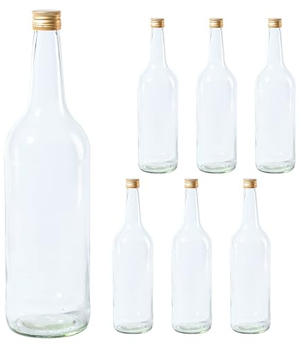 Vitrea 6 leere Glasflaschen 1 Liter Schraubverschluss Gold - große Flaschen zum Befüllen mit Deckel - für Wein, Saft, Getränke, Likör, Öl, Saucen - 6 Stück, PP28, Gradhals