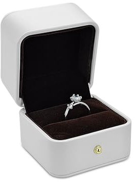 WisePoint Caja Anillo, Porta Alianzas Boda de Cuero PU Cepillado, Elegante y Lujosa Organizador Anillos para Propuestas de Matrimonio, Compromisos, Bodas (Blanco)