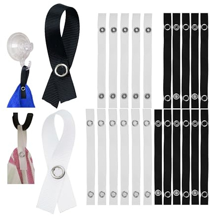 Nähfrei-Aufhänger für Textilien, 24 Pack, 150 x 12 mm Schlaufen, in Schwarz und Weiß, mit Druckknopf Verschluss, Aufhänger Laschen für Geschirrhandtuch, Bad Handtuch, Lappen, Dekoartikel, Camping
