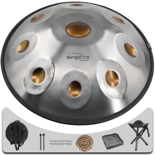 SINGOFIRE 9-Notes Handpan Drum, Handpan Drums for Adults, 22-Inch 440Hz D Minor Kurd, HandPan Instrument with Soft Handpan Bag, 2 Mallets, Handpan Stand and Dust-Free Cloth(Gold Eye)