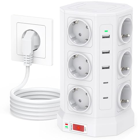 Mehrfachsteckdose Überspannungsschutz(3680W/16A), 12 Fach Steckdosenturm mit 5 USB, Steckdosenleiste Mehrfachstecker mit Schalter, 1,5m Verlängerungskabel, 1050J Überspannungsschutz, Haus, Büro, Weiß