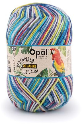 Opal Regenwald 20 Jahre Jubiläum 6-fädig Garn - Wollmischung, zum Stricken von warmen Socken, Pullovern, Mützen, Handschuhen und Schals, 1451 blau/gelb/rot, 1 x 150g