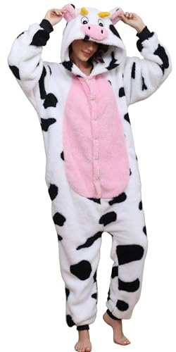 Adulto Kigurumi Pijama Unisex Anime Animal Traje Cosplay Disfraz Traje Mono Onesies Conjuntos de Pijama Panda Ropa de Dormir Sleepwear, vaca, L