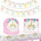 POPOYU Juego de 68 vajilla de fiesta de unicornio, cumpleaños infantil, princesas rosas, vajilla de cumpleaños con platos de papel, servilletas, manteles, banderines, manteles para niñas, fiestas,
