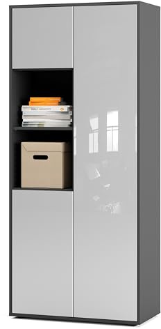 SIMPLYFURN Büroschrank Amira T20, Schrank mit Zwei offenen Fächern, Anthrazit & Weiß Hochglanz, Push-to-Open, 180x80x40 cm, Aktenschrank für Büro und Homeoffice
